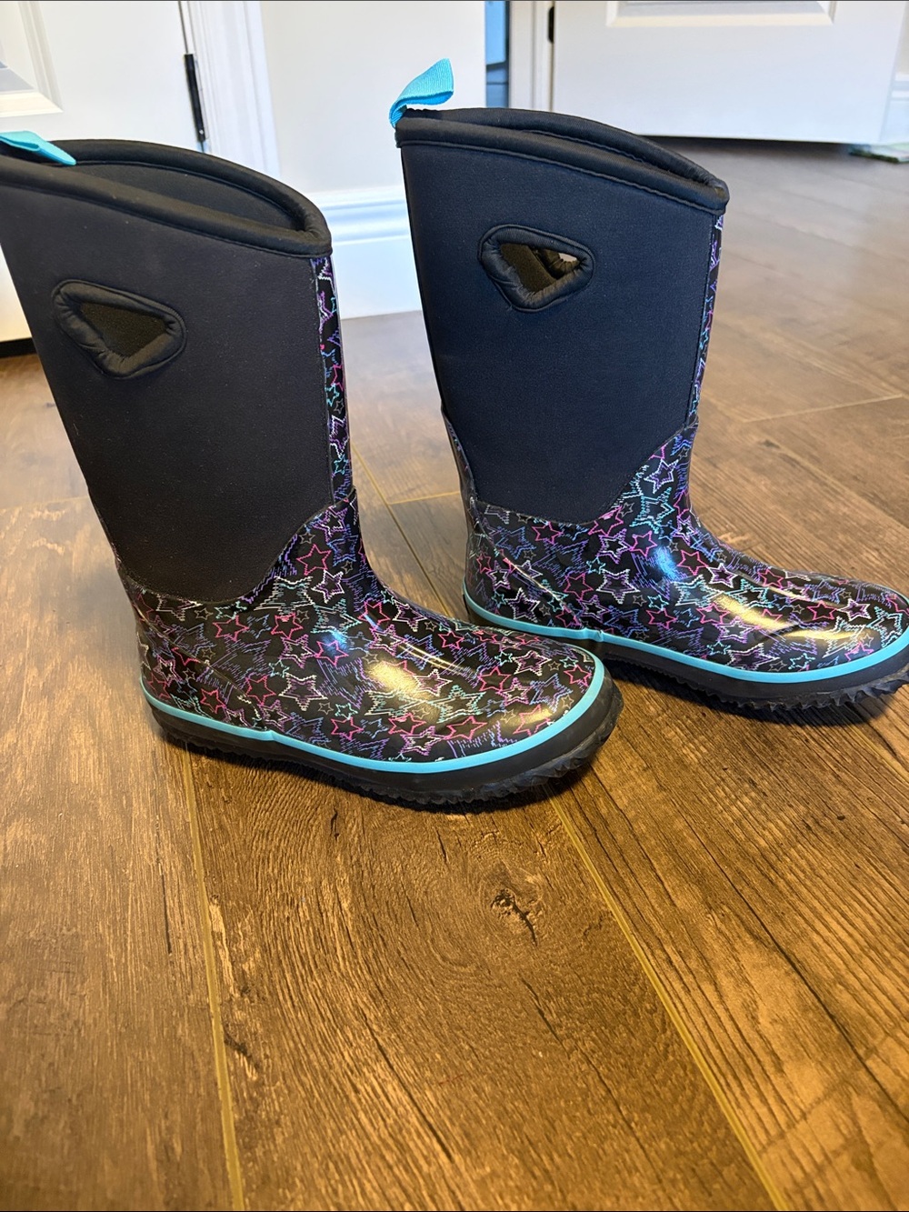 Storm Black Kids Rain Boots with Multicolor Star Print and Teal Trim